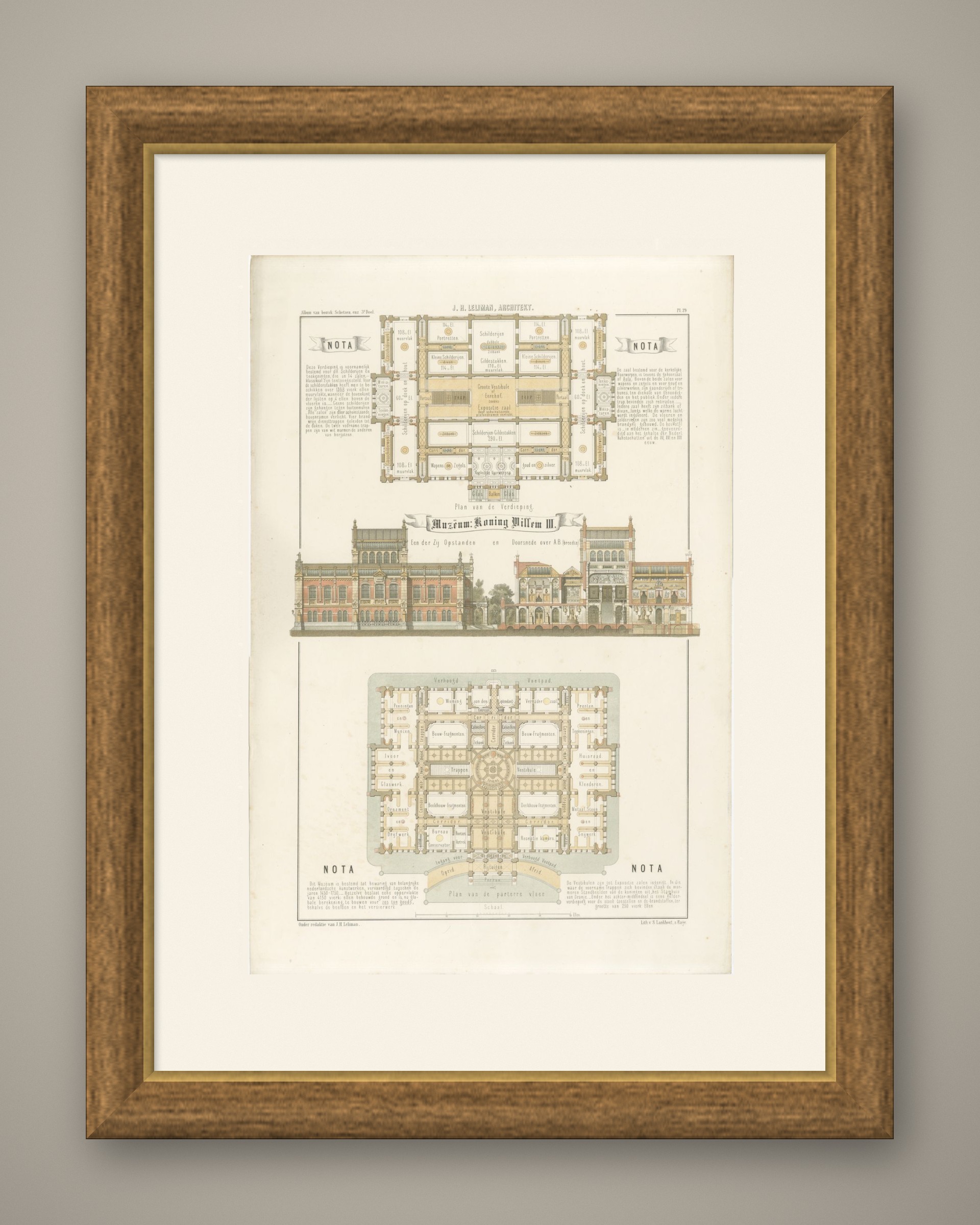 Museum King Willem III, Plans, Dutch Architecture Print, Leliman, 1865-1866, shown framed