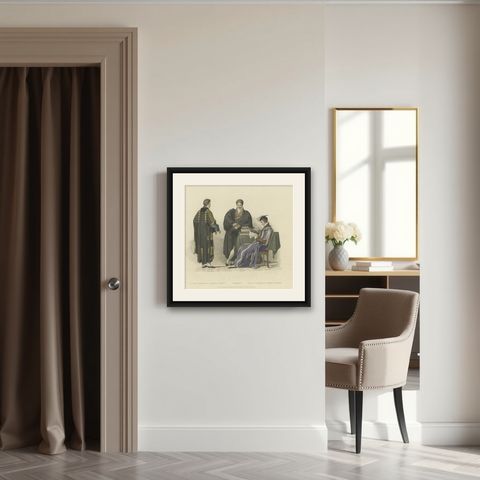 Old Print of Nobleman and Fellow-Commoners of Trinity and Emanuel College, 1815, shown framed in a room