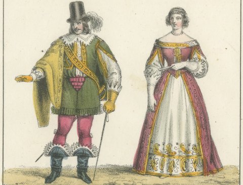 Courtier, Court Lady, Louis XIV and Maria Theresa of Austria, Lithograph, 1842, close-up 1
