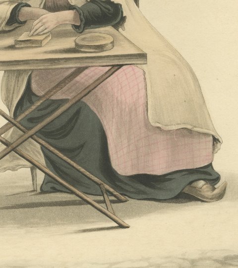 Woman of Valenciennes at her Table, Antique Ackermann Print, 1817, close-up 3