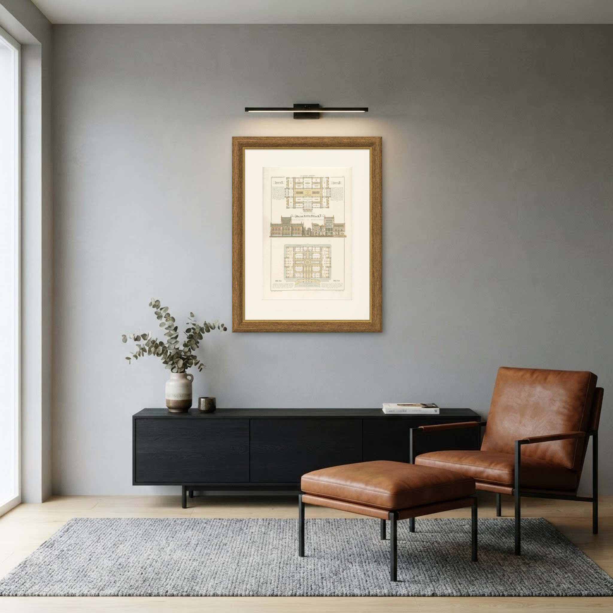 Museum King Willem III, Plans, Dutch Architecture Print, Leliman, 1865-1866, shown framed in a room