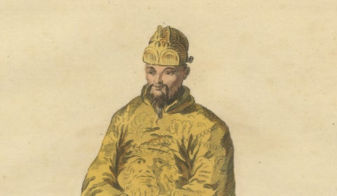 Chinese Emperor in Imperial Robes, Antique Costume Print, Jefferys 1749, close-up 2