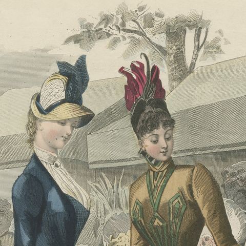 Antique French Fashion Plate, Elegant Ladies in Garden Scene, c.1880, close-up 1