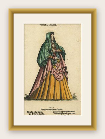 Venetian Woman, Rare Antique Costume Woodcut by Jost Amman, 16th Century, shown framed
