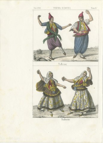 Male and Female Dancers of European Turkey, Hand Colored Lithograph, 1842, view 2