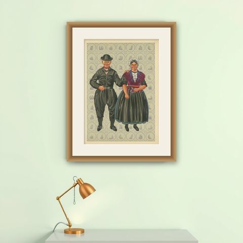 Dutch Man and Woman of Urk in Sunday Dress with Broad Hats, 1932, shown framed on a wall
