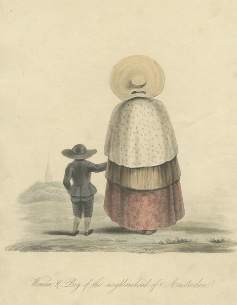 Antique Print of a Woman and Boy of Amsterdam in the Netherlands, 1817, close-up 1