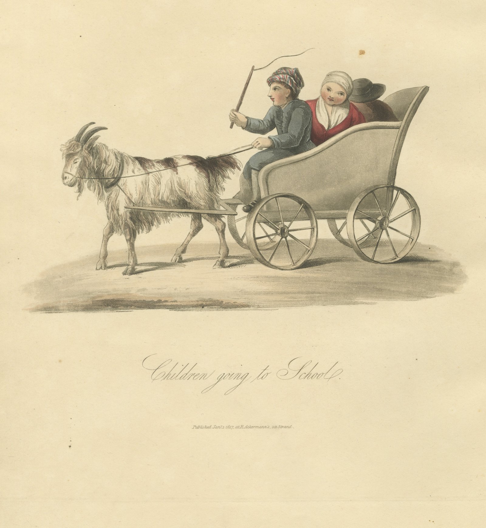 Children going to School in a Goat Cart, Antique Print, 1817