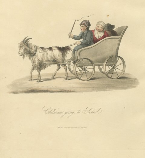 Children going to School in a Goat Cart, Antique Print, 1817