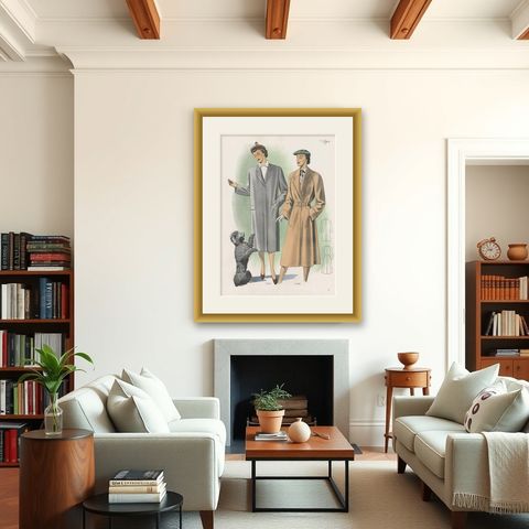 Vintage Fashion Print 'Pl.14205' Published in Ladies Styles, 1951, shown framed in a room
