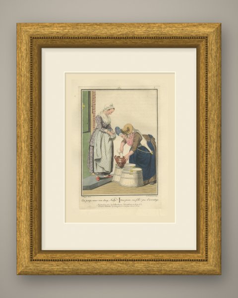 Milk Measuring at the Door, Dutch Costume Print, Maaskamp, 1811, shown framed