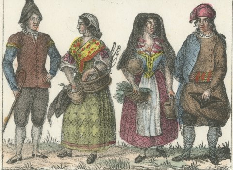 Costume of Salamanca, Leon, Avila and Catalonia, Hand Colored Lithograph, 1842, close-up 2