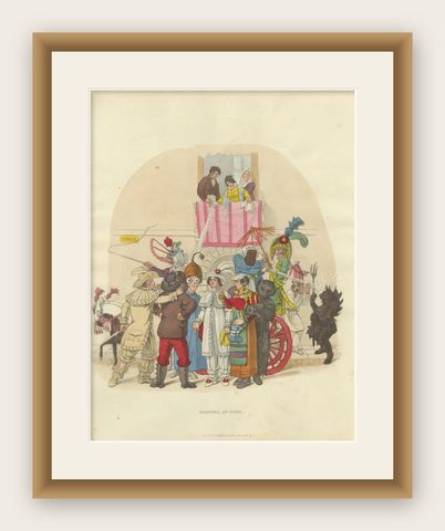 Roman Carnival Costumes & Festivity - 1820 Etching of Celebration, shown framed