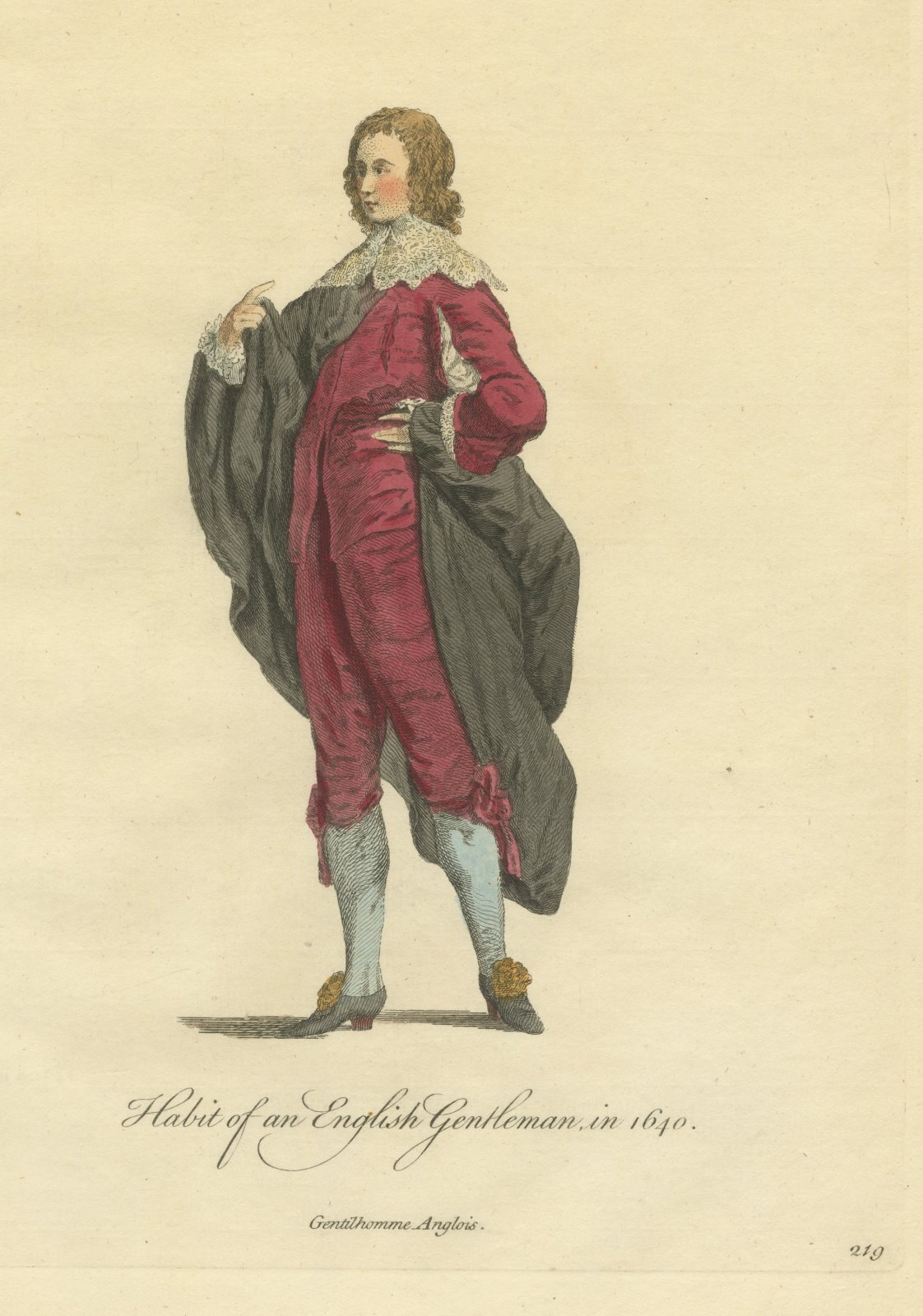 English Gentleman in 1640, Crimson Suit and Black Cloak, Jefferys Print, 1757