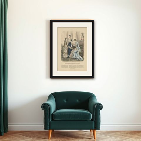 Antique Fashion Print by Marquart, 1880, shown framed on a wall
