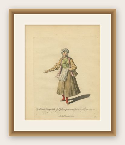 Antique Costume Print Young Lady of St John of Patmos Jefferys, 1749, shown framed