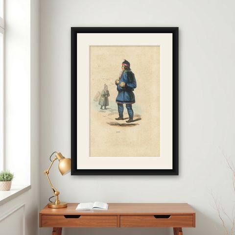Laplander in Traditional Dress, Hand-Coloured Lithograph, c.1845, shown framed on a wall