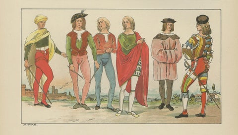 Italy circa 1500, Antique Hand-Colored Renaissance Costume Print, Published 1880, close-up 3