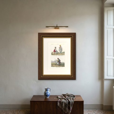 Women of Chios and Mykonos and a Man of Mani, Hand Colored Lithograph, 1842, shown framed on a wall
