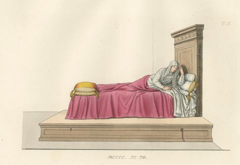 Italian Noblewoman Reclining in Bed, Renaissance Interior Scene, Published 1845, close-up 4