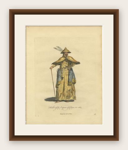 Emperor of China in Imperial Court Dress, Antique Print, Jefferys 1749, shown framed
