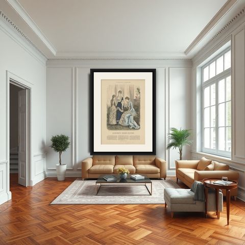 Antique Fashion Print by Marquart, 1880, shown framed in a room