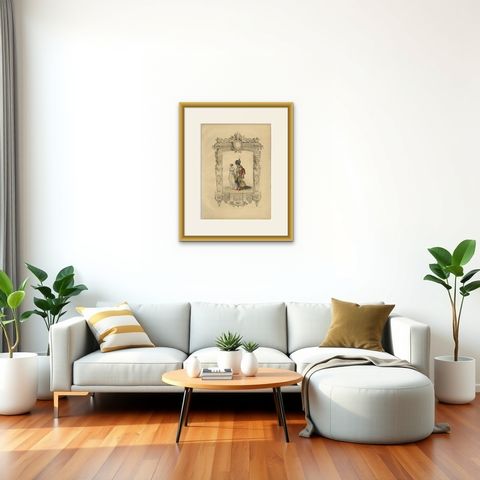 French First Empire Court Costume Lithograph, 1807, Published 1847, shown framed in a room