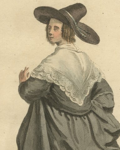 Merchant's Wife of London in 1640, Back View, Jefferys Costume Print, 1757, close-up 1