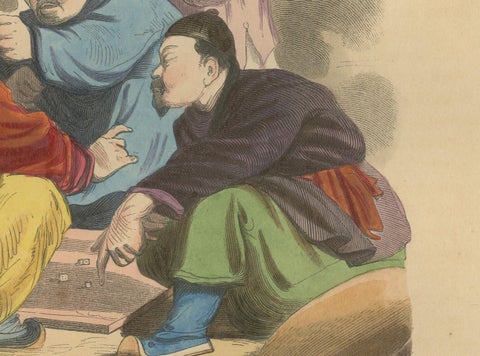 Chinese Laborers Gambling in Traditional Attire from Wahlen's 1844 Lithographs, close-up 2