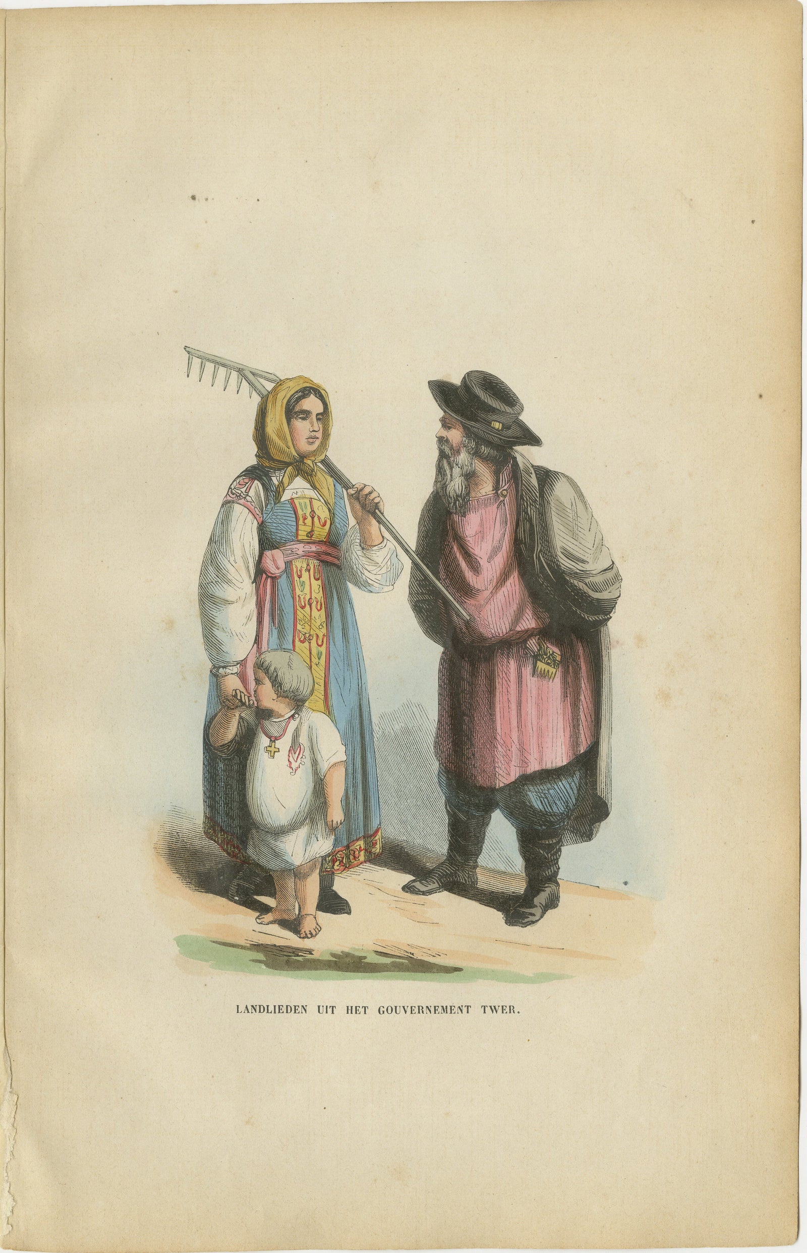 Russian Peasants from the Tver Governorate - Antique Costume Lithograph, c.1852