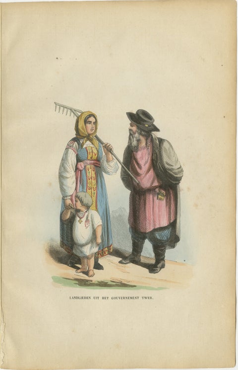 Russian Peasants from the Tver Governorate - Antique Costume Lithograph, c.1852