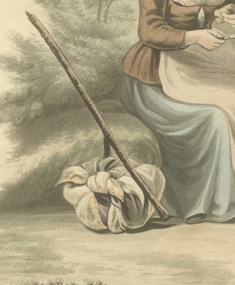 Woman of Brabant Resting with Staff and Bundle, Antique Ackermann Print, 1817, close-up 2