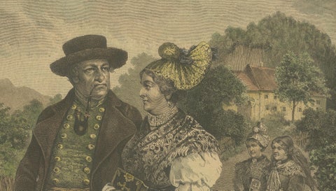 Austrian Folk Couple in Traditional Dress, Alpine Genre Scene, 19th Century, close-up 3