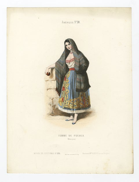 Original Antique Handcolored Print Depicting a Woman from Puebla, Mexico, 1850, view 2