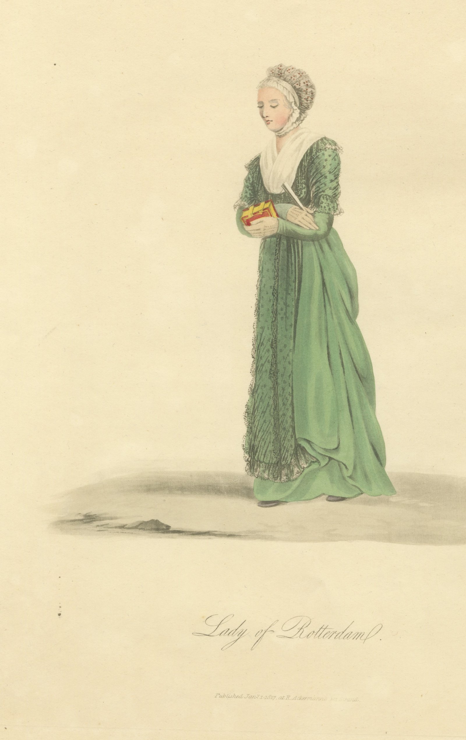 Lady of Rotterdam in a Green Gown, Antique Ackermann Print, 1817