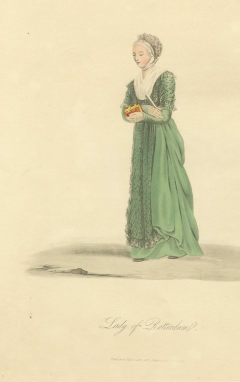Lady of Rotterdam in a Green Gown, Antique Ackermann Print, 1817