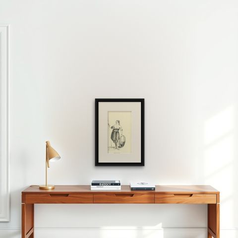 Warrior of the Island of Sawoe, Antique Wahlen Costume Print, 1843-1844, shown framed on a wall
