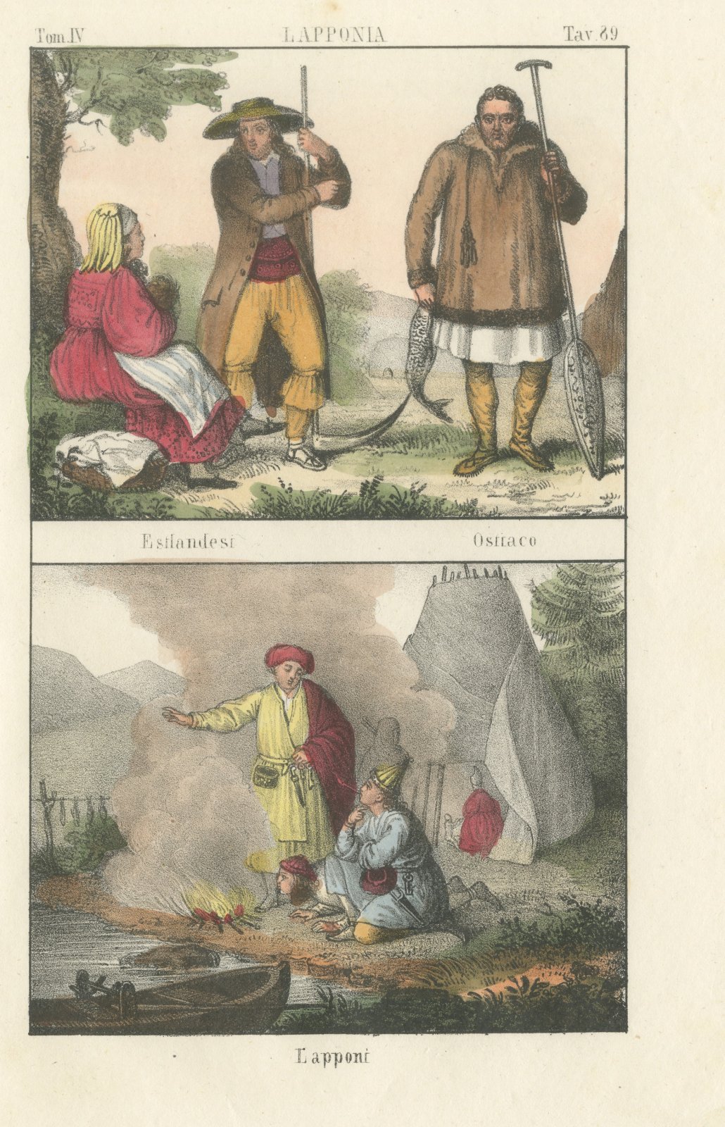 Estonians, an Ostyak and a Lapp Camp, Hand Colored Lithograph, 1842