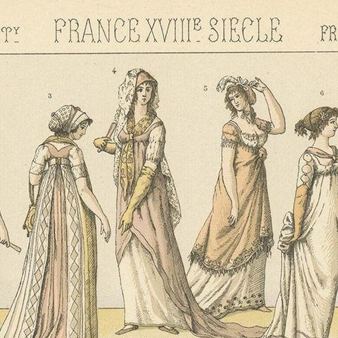 Pl. 124 Antique Print of French 18th Century Women's Costumes by Racinet, close-up 1