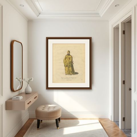 Chinese Emperor in Imperial Robes, Antique Costume Print, Jefferys 1749, shown framed in a room
