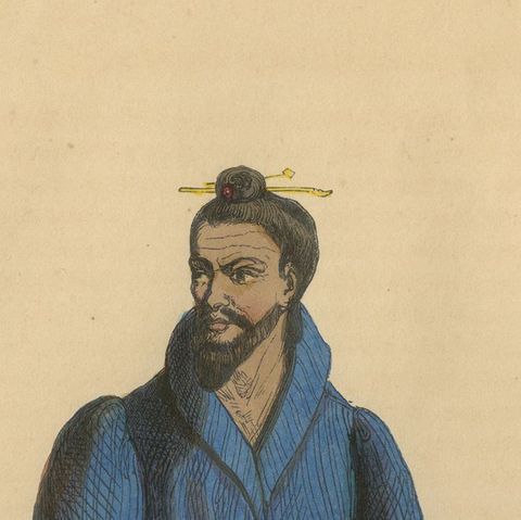 Traditional Dress of Lou-Tohou Island Inhabitant in Asia, 1844 Lithograph, close-up 5