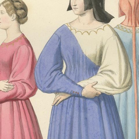 Medieval Women's Costumes c.1300, Hand-Colored Costume Plate, Mercuri 1845, close-up 6