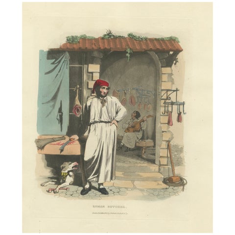 Costume Print: Roman Butcher at Work, 1820s Hand-Colored Engraving