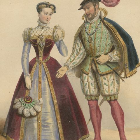 Henri II & Catherine de' Medici French Court Costume Lithograph, 1847, close-up 2