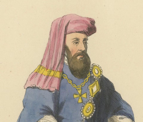 William de Beauchamp in Noble Attire in An Original Handcolored Lithograph, 1847, close-up 3