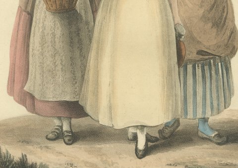 Girls near Valenciennes, French Regional Dress, Antique Print, 1817, close-up 3