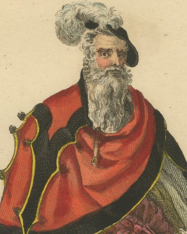 Swiss Magistrate in Red Cape with Curved Sword, Costume of 1577, Jefferys 1757, close-up 1
