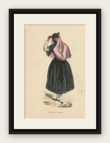 Antique Costume Print of a Young Lady in Bogotá by Wahlen, 1843, shown framed