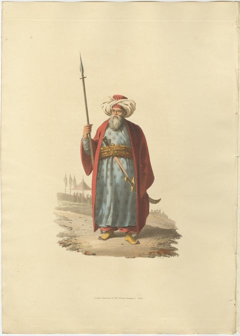 Antique Print of an Mameluke Officer, the Military Costume of Turkey , 1818, view 2