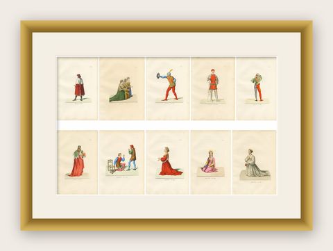Medieval Courtly Costumes and Figures, Complete Set of 10 Hand-Colored, 1845, shown framed
